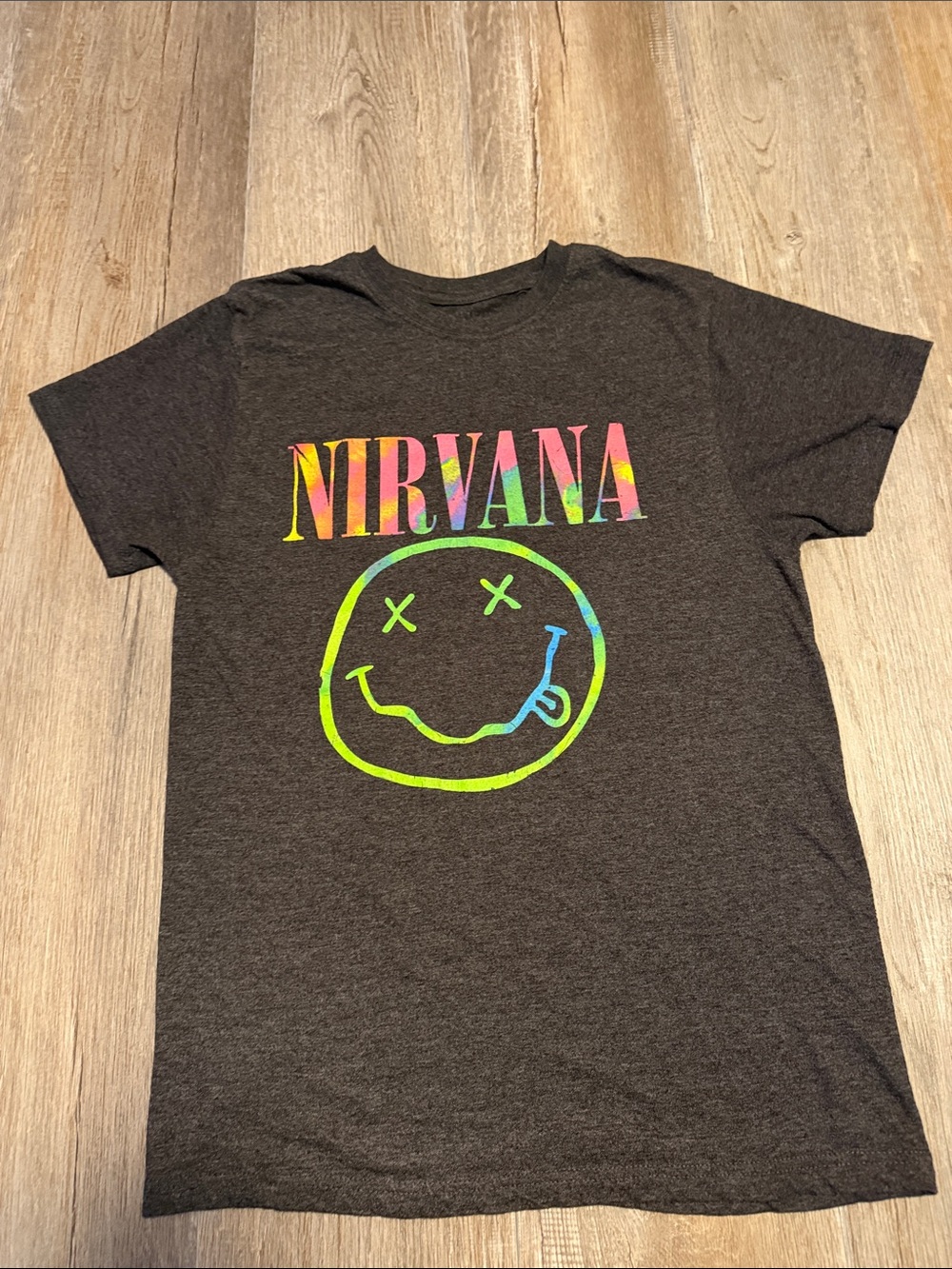 NIRVANA Charcoal Tee with Neon Rainbow Logo